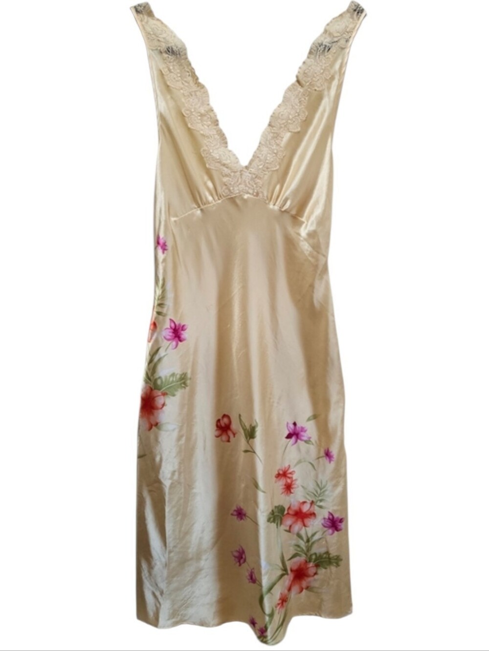 Y2K Vintage Satin Slip Dress Night Gown Womens Size Small Lace Semi Sheer